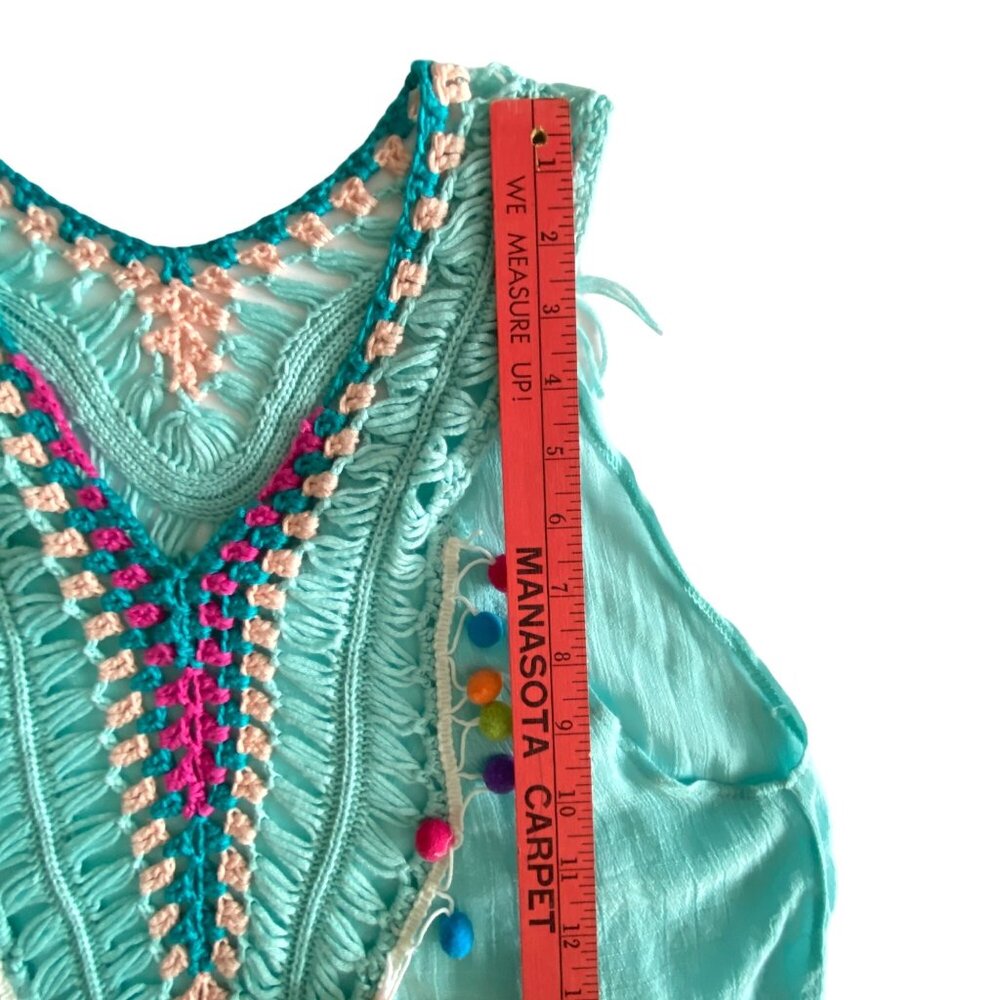 Ucho Bali Sarongs Turquoise Crochet Beach Cover Up With Multi Color Pop Poms - Picture 7 of 10
